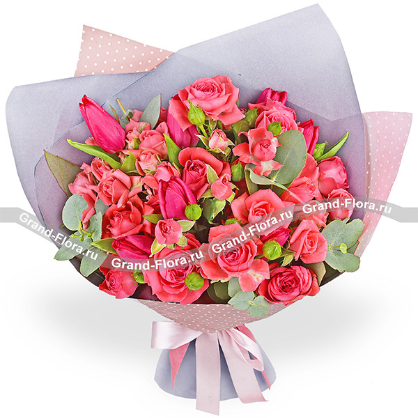 Сироп - букет с тюльпанами и кустовыми розами